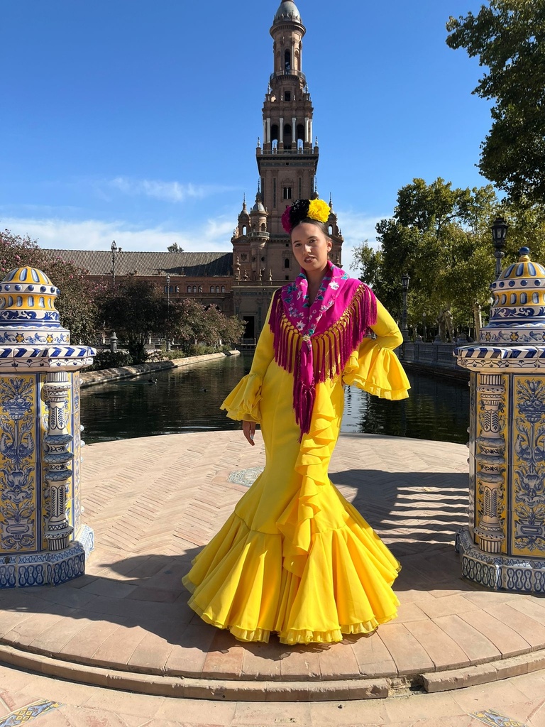 VESTIDO CASCADA AMARILLO TULL AMARILLO Y TULL NEGRO (AMARILLO TULL NEGRO, 42)