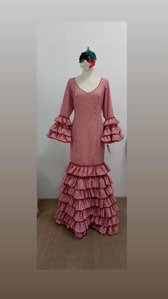 VESTIDO MARIQUILLA  ROSA MAQUILLAJE LUNAR ROJO, MULTIVOLANTE (42/44)
