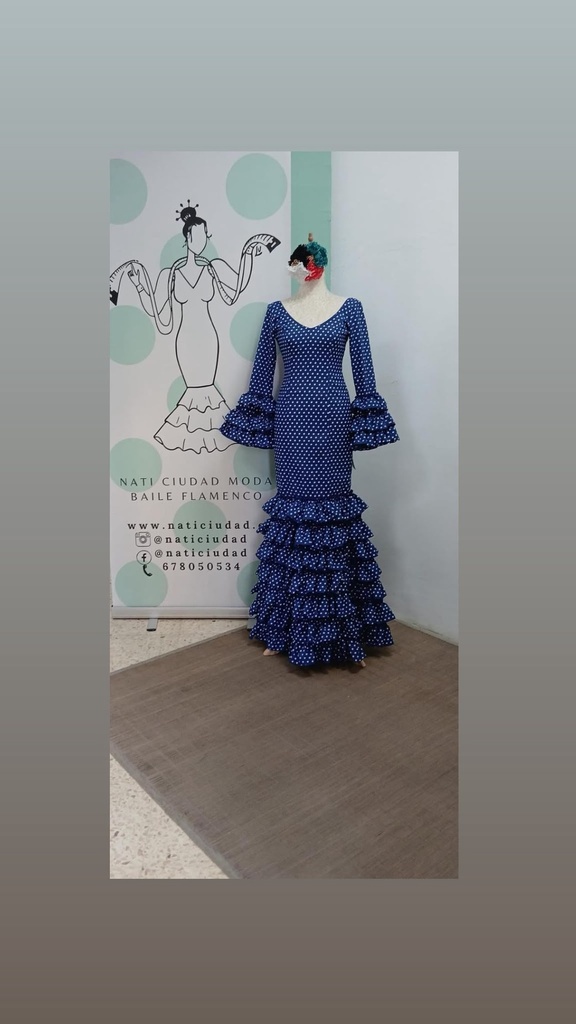 VESTIDO MARIQUILLA AZUL AÑIL LUNAR LENTEJA BLANCO, MULTIVOLANTE (32)